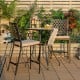 Patio bar set featuring two ergonomic bar stools with cushions and a square table, perfect for outdoor relaxation.