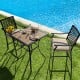 Patio bar set featuring 2 bar stools and 1 square table, perfect for poolside relaxation with ergonomic cushions.