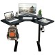 L-shaped electric standing desk in black with dual monitors, adjustable height, and memory settings for efficient.