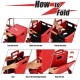 Foldable utility cart in red demonstrating folding steps, featuring tri-wheels for easy transport and adjustable handle.