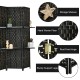Detail of the sturdy rust-free hinge and support legs on the 6-panel black room divider with hand-woven fiber design.