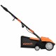 13-inch electric scarifier in orange with collection bag, featuring adjustable depth and dual safety switch for.