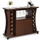Walnut rolling buffet sideboard with 12-bottle wine rack, glass holders, and ample storage for kitchen organization.