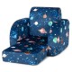 Convertible kid sofa bed lounger in blue with planet patterns, made of soft velvet, perfect for playtime and relaxation.