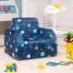 Convertible kid sofa bed in blue with planet pattern, designed for comfort and relaxation in playrooms or nurseries.
