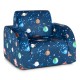 Convertible kids sofa bed in blue with planet patterns, made of soft velvet, perfect for playrooms and relaxation.