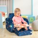 Convertible kid sofa bed in blue with planet patterns, designed for toddlers to read, play, or relax comfortably.