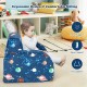 Convertible 3-in-1 kid sofa bed in blue with planet patterns, featuring ergonomic design for comfort and support.