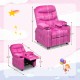 Kids recliner chair in pink with cup holders and footrest, featuring ergonomic design and sturdy wood frame for comfort.