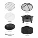 Fire pit set including BBQ grill, mesh cover, fire bowl, and rain cover, perfect for backyard and patio use.