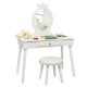 White vanity makeup table and chair set with mirror, featuring a drawer for storage and a cushioned stool for comfort.
