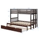 Twin pull-out bunk bed with trundle in dark brown, featuring full-length guardrails and sturdy wooden construction for.