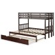 Twin pull-out bunk bed in dark brown with trundle and wooden ladder, perfect for space-saving solutions in bedrooms.