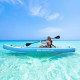 Single person inflatable kayak in blue, ideal for water activities, featuring an ergonomic seat and adjustable oar.