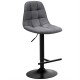 Adjustable gray linen bar stool with a padded seat and T-shaped footrest, perfect for kitchens and cafes.