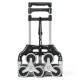 Portable folding stair climbing hand truck with three-wheel design and adjustable handle for easy transport of luggage.