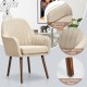 Beige fabric upholstered accent chair with ergonomic armrests and natural rubber wood legs, perfect for living room.