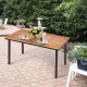 Acacia wood patio dining table with slatted surface, umbrella hole, perfect for outdoor gatherings in your backyard.