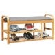 Bamboo shoe rack bench with cushion, featuring three tiers and ergonomic design, perfect for entryway organization.