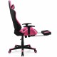 Side view of a pink PU leather gaming chair with adjustable armrests, footrest, and USB massage lumbar pillow.