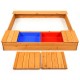 Cedar sandbox with two plastic storage boxes and detachable seats, designed for kids' outdoor play and creativity.