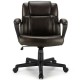 Front view of an adjustable leather executive office chair with a padded cushion and armrests, ideal for long work.