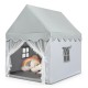 Kids large gray play castle tent with soft mat, featuring mesh curtains and windows for indoor and outdoor fun.