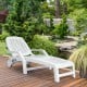 Adjustable white patio sun lounger with wheels, featuring a folding design and storage box, ideal for outdoor.