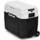 Portable 53 QT dual-zone car refrigerator in white, featuring wheels and a telescopic handle for easy transport.