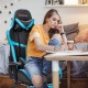 Reclining racing chair in blue with lumbar support and footrest, ideal for gaming and long hours of sitting.