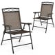 Side view of a patio folding chair with streamlined armrests, heavy-duty steel frame, and breathable fabric for outdoor.