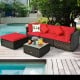 5-piece outdoor patio rattan furniture set with red cushions, including sectional sofa, ottoman, and coffee table for.