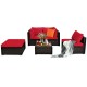 5-piece patio rattan sofa set with red cushions, including ottoman for versatile use in outdoor spaces.