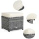 Gray wicker ottoman with off-white cushion, featuring a durable design for outdoor patio use and easy-to-clean cover.