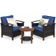 Patio rattan furniture set featuring two chairs with blue cushions and a wooden coffee table, perfect for outdoor.