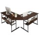 L-shaped computer desk in brown with adjustable tabletop, two open shelves, and a flexible CPU stand for home office.