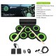 Portable electronic roll-up drum set with 7 sensitive-touch pads, wooden drumsticks, and dual speakers for practice.