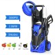Electric high pressure washer in blue with 3000 PSI, 2.0 GPM, five nozzles, and hose reel for versatile cleaning tasks.