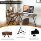 L-shaped computer gaming desk in walnut with adjustable monitor stand, perfect for maximizing corner space in home.