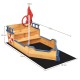Wooden pirate boat sandbox for kids with benches, storage space, and a flag, perfect for outdoor play and imagination.