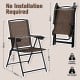 Folding dining chair with adjustable backrest, steel armrests, and breathable fabric, perfect for outdoor relaxation.