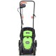 Electric push lawn mower with 13-inch cutting width, ergonomic handle, and grass bag for easy lawn maintenance.