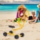 Heavy duty kid ride-on sand digger excavator with sturdy steel frame, 360-degree rotatable seat, perfect for beach play.