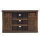 Sliding barn TV stand console table in brown with rustic doors, accommodating TVs up to 60" and featuring cable.