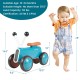 Baby balance bike in blue with 4 wheels, non-slip handlebars, and cushioned seat for kids aged 10-24 months.