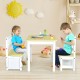 Kids wooden activity table and chairs set with storage bench, perfect for playtime and learning in a safe environment.