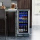 15-inch beverage cooler with transparent glass door, showcasing 100 cans and blue LED lights for stylish visibility.