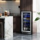 15-inch built-in beverage cooler with adjustable shelves, holding 100 cans, featuring a sleek silver design and blue.