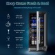 15-inch beverage cooler with adjustable shelves, holding 100 cans, featuring a sleek design and blue LED lights.
