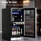 15-inch beverage cooler with adjustable shelves, holding 100 cans, featuring a lockable glass door and blue LED lights.